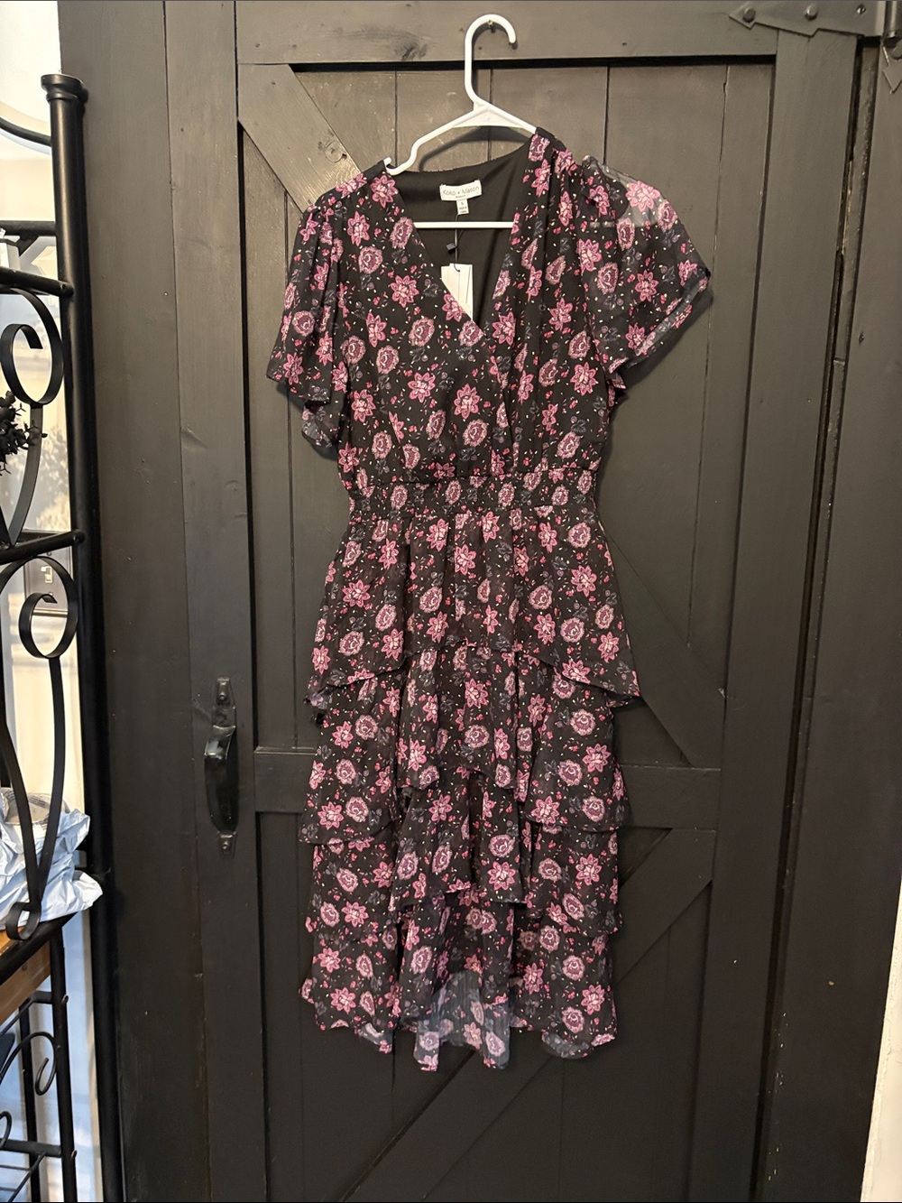 Smocked Waist Black Midi Dress with Pink Floral Print